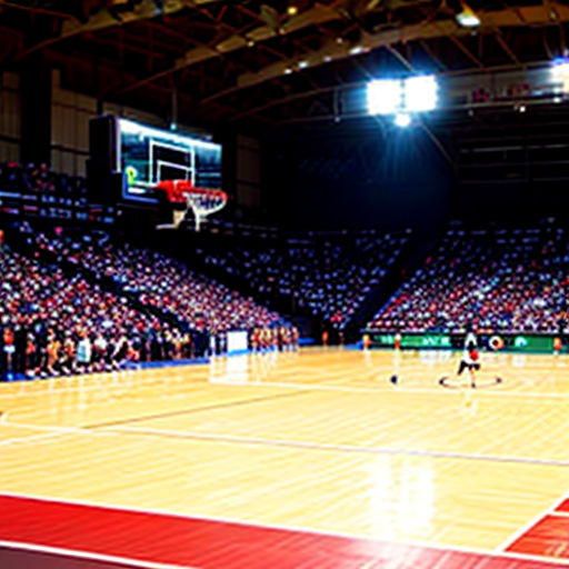 a basketball court with a lot of people playing basketball in it and a crowd watching it from the sidelines