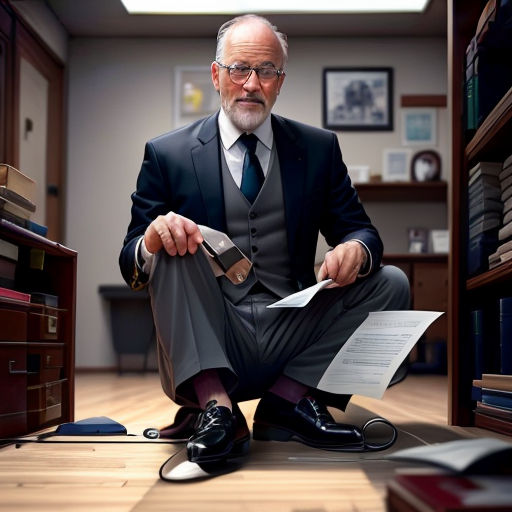 a man in a suit and tie sitting on the floor with papers in his hands and a pen in his other hand