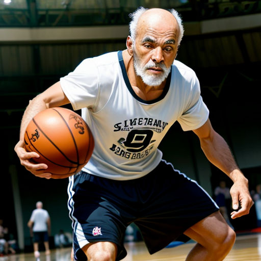 a man holding a basketball on a court with people watching him from the sidelines behind him and a basketball in his hand