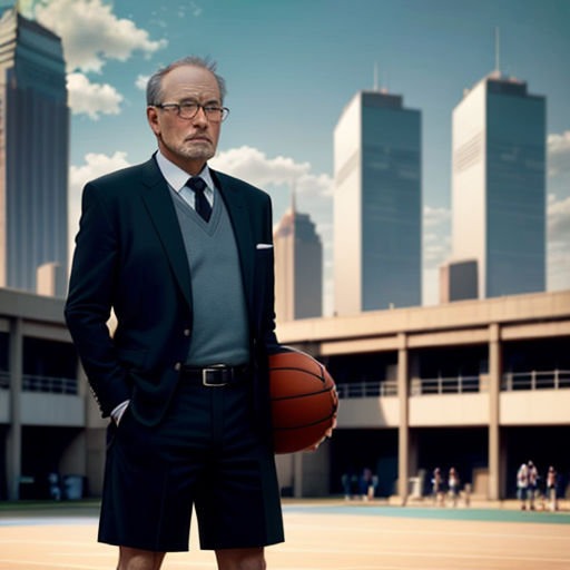 a man in a suit and tie holding a basketball in front of a cityscape with skyscrapers