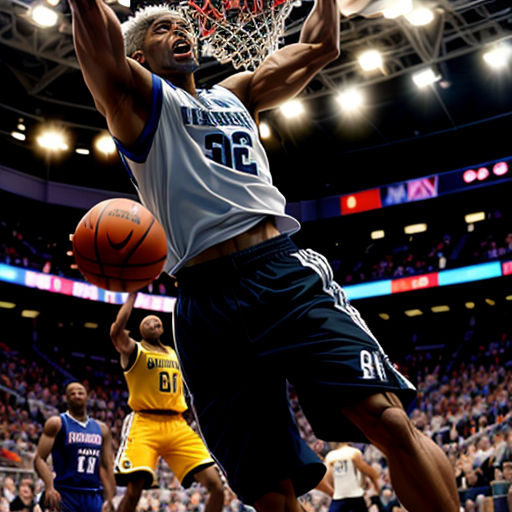 a man dunking a basketball in a game of basketball with a crowd watching him from the sidelines