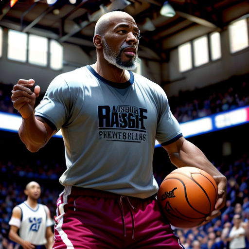 a man holding a basketball in a gym with other people watching him from the sidelines of the court