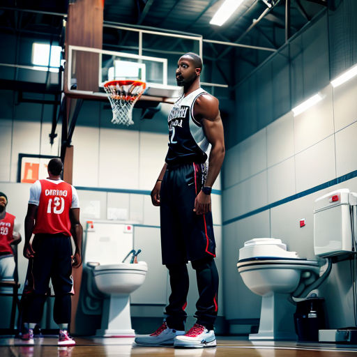 a man standing in a gym with a basketball in his hand and a basketball in his other hand, with a basketball hoop in the background
