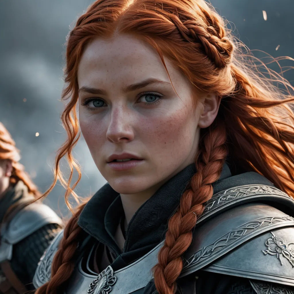 a woman with red hair and braids in a costume with a sword in her hand and another woman with long hair in the background, antipodeans, computer graphics, Clint Cearley, elden ring