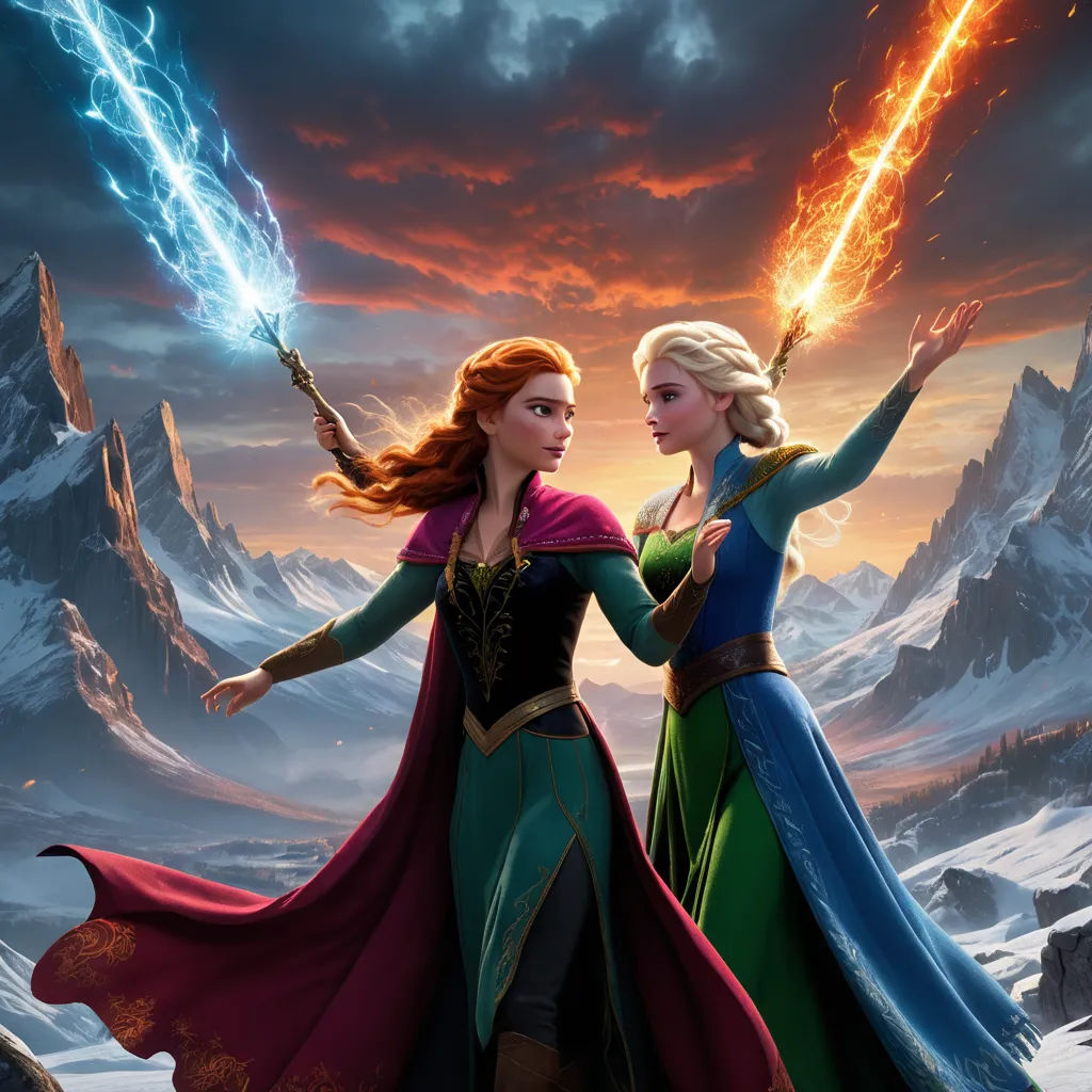 two women dressed in costumes standing in front of a mountain range with a lightning bolt in their hands and a mountain range in the background, sots art, poster art, disney, official art