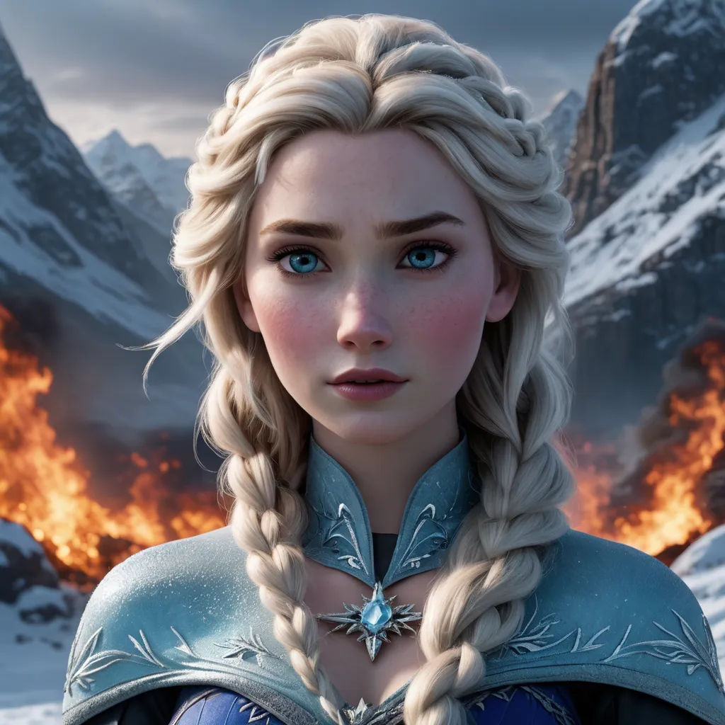 a woman with blonde hair and blue eyes wearing a blue dress and braids in front of a mountain, photorealism, a computer rendering, disney, unreal engine 5 highly rendered