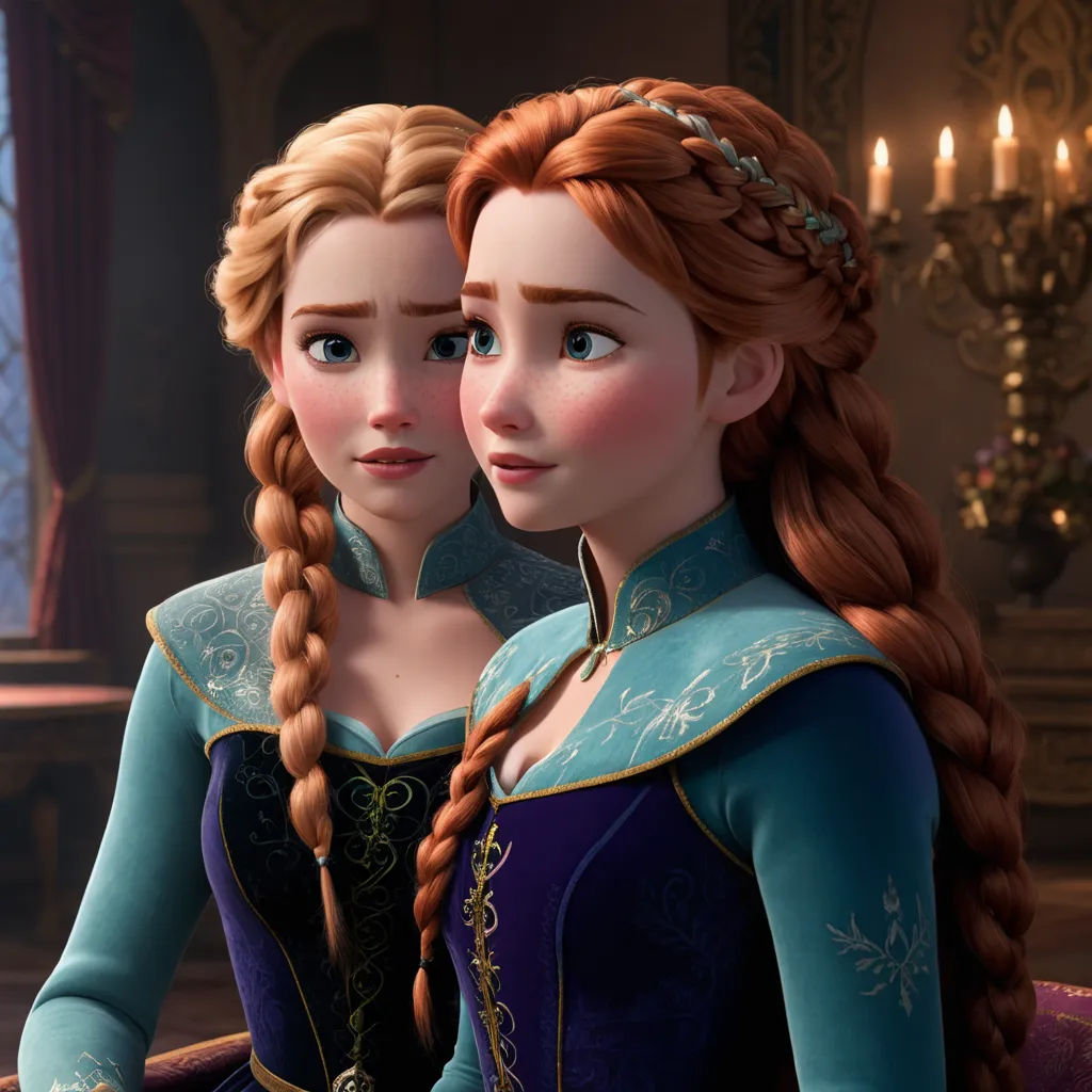 a couple of women standing next to each other in a room with candles on the wall and a chandelier, antipodeans, a 3D render, Anna and Elena Balbusso, animated