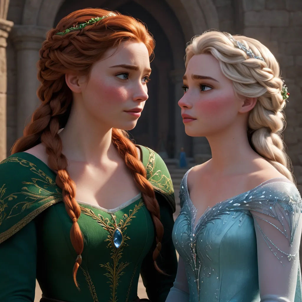 a couple of women standing next to each other in front of a castle building with a clock on it, hyperrealism, a renaissance painting, disney, unreal engine highly rendered