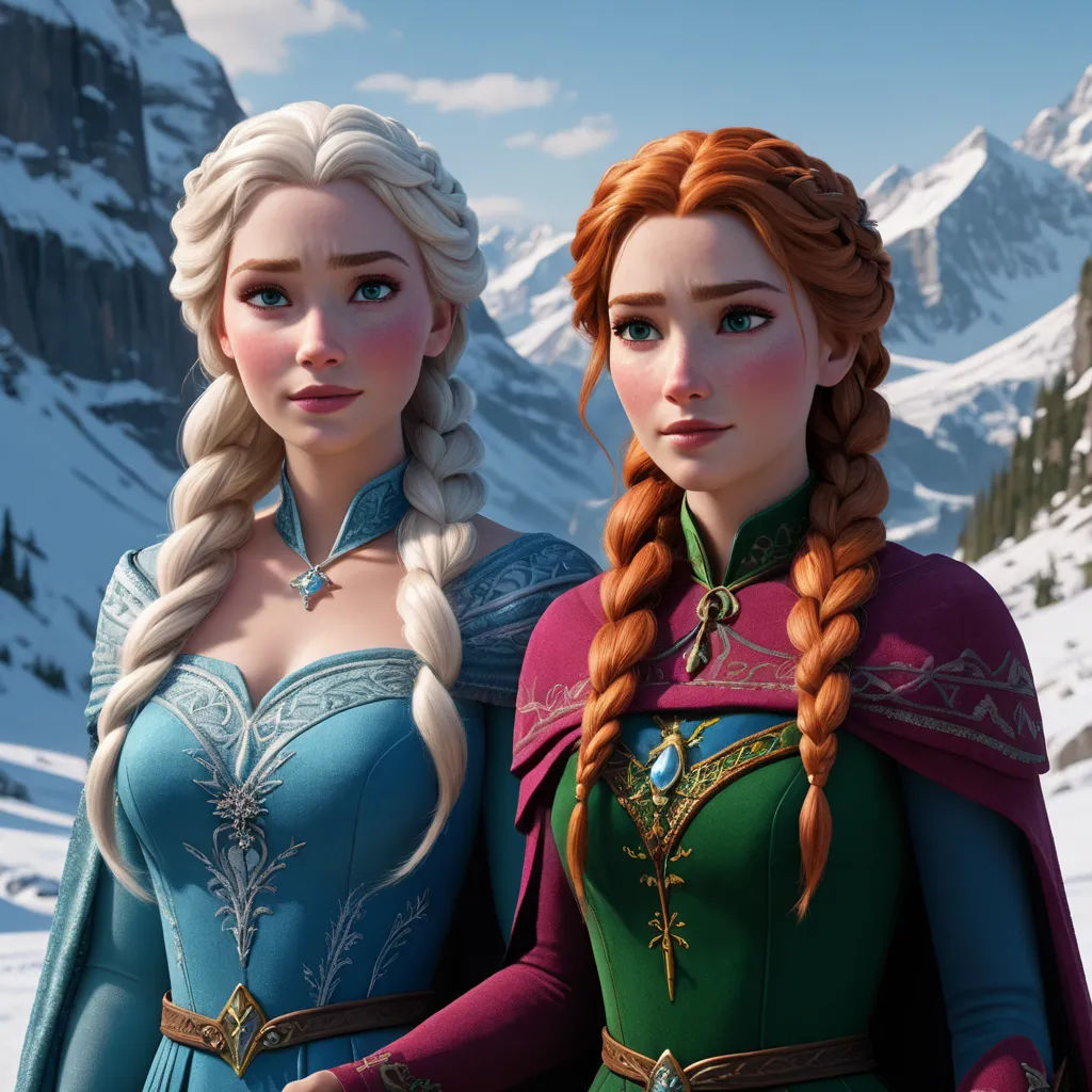 two women dressed in costumes standing next to each other in the snow covered mountains of a mountain range, with snow capped mountains in the background, sots art, a renaissance painting, disney, unreal engine highly rendered