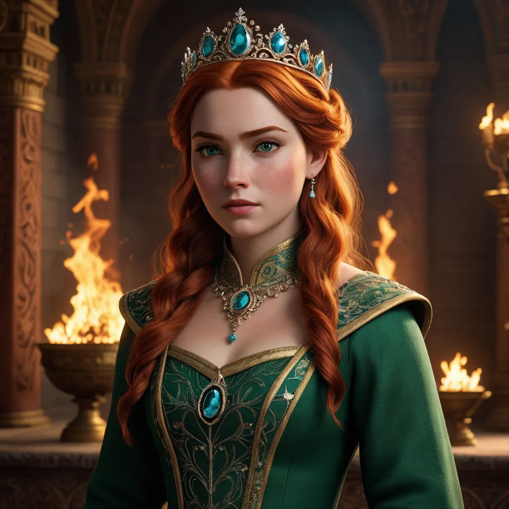 a woman in a green dress with a tiara on her head and fire in the background behind her, sots art, computer graphics, Anne Said, rossdraws global illumination