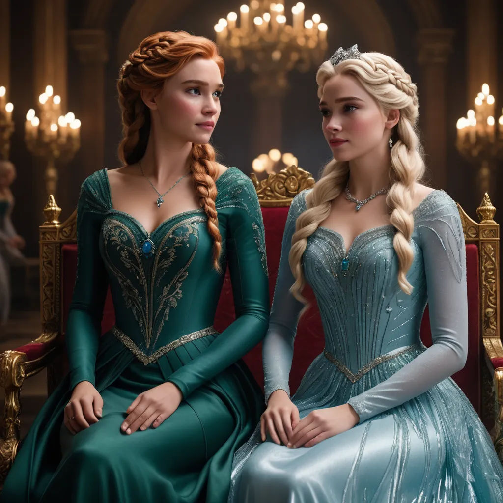 two women dressed in green sitting on a red couch together in a room with chandeliers and chandeliers, antipodeans, a colorized photo, disney, promotional image