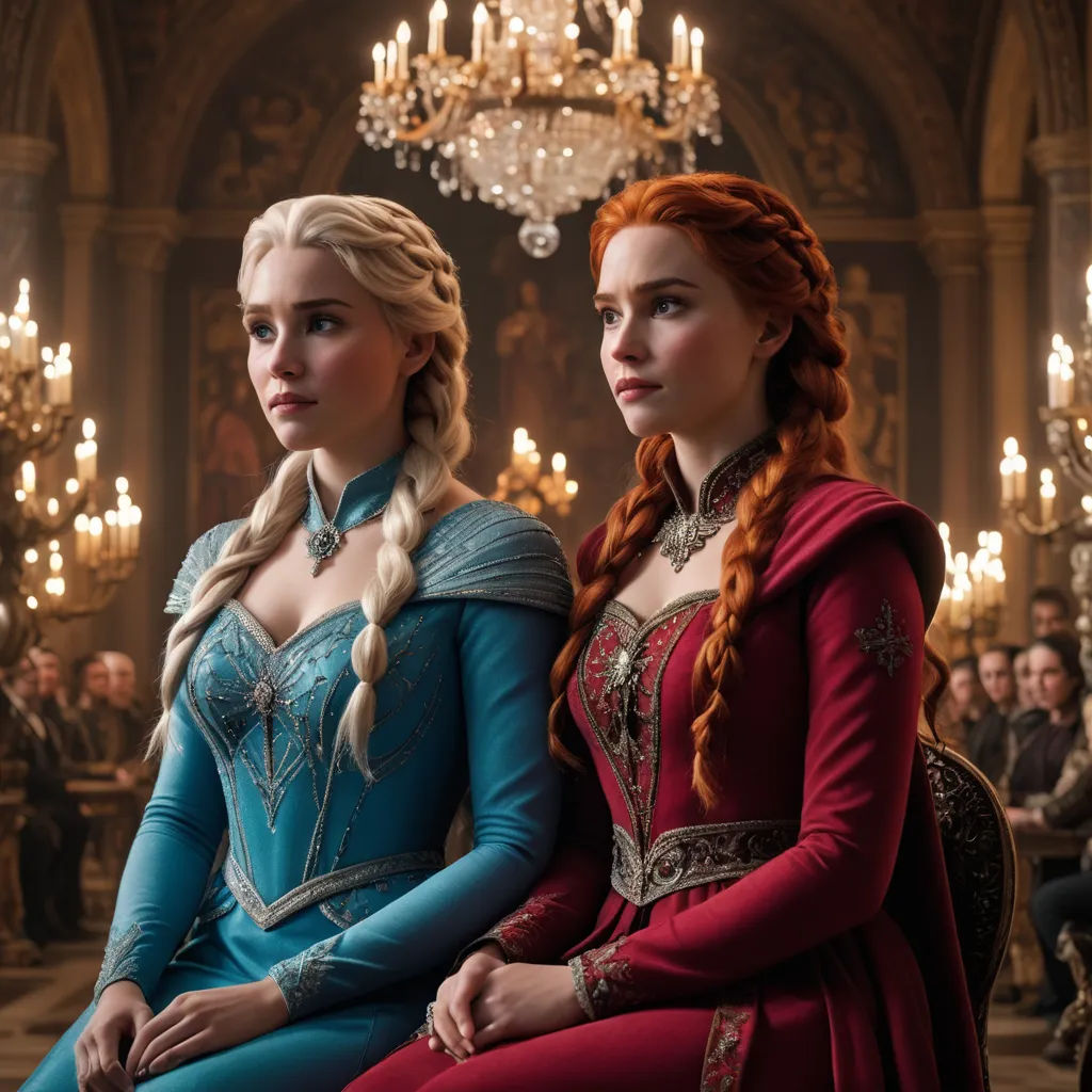 a couple of women sitting next to each other in a room with chandeliers and chandeliers, antipodeans, a renaissance painting, disney, movie still