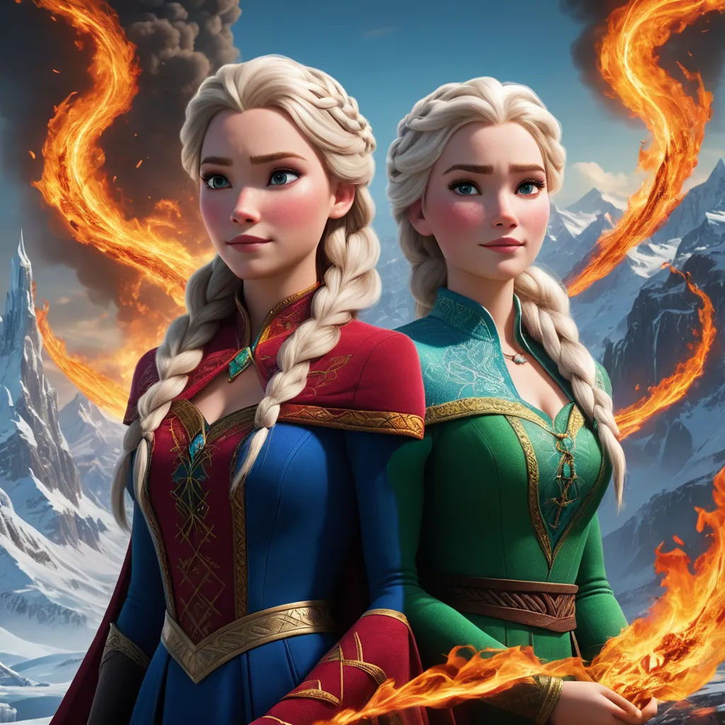 two women dressed in costumes standing next to each other in front of a mountain with fire and snow on it, sots art, computer graphics, disney, key art