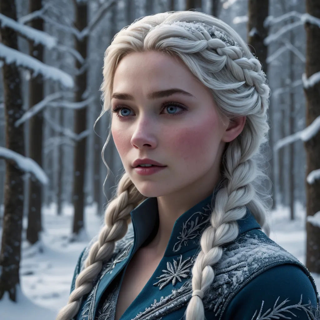 a woman with long hair and braids in a snowy forest with trees and snow - covered ground behind her, photorealism, a colorized photo, disney, promotional image