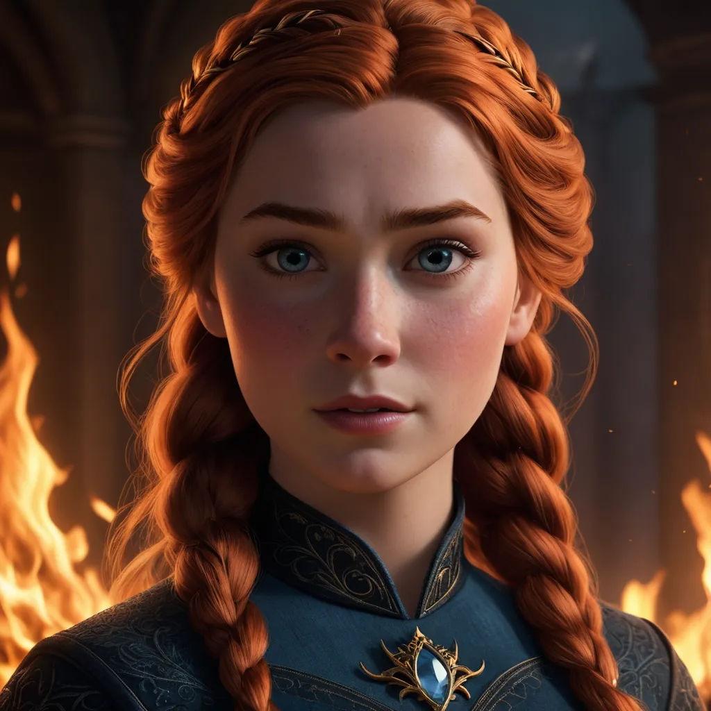 a woman with red hair and a crown on her head in front of a fire background with a flame, sots art, computer graphics, Anne Said, unreal engine highly rendered