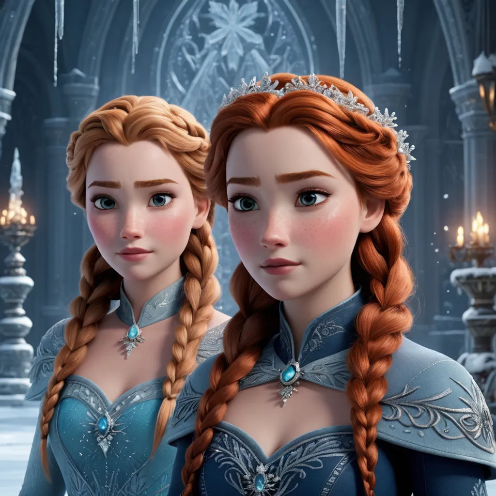 two women dressed in blue are standing together in front of a castle with snowflakes and chandeliers, antipodeans, a 3D render, disney, animated