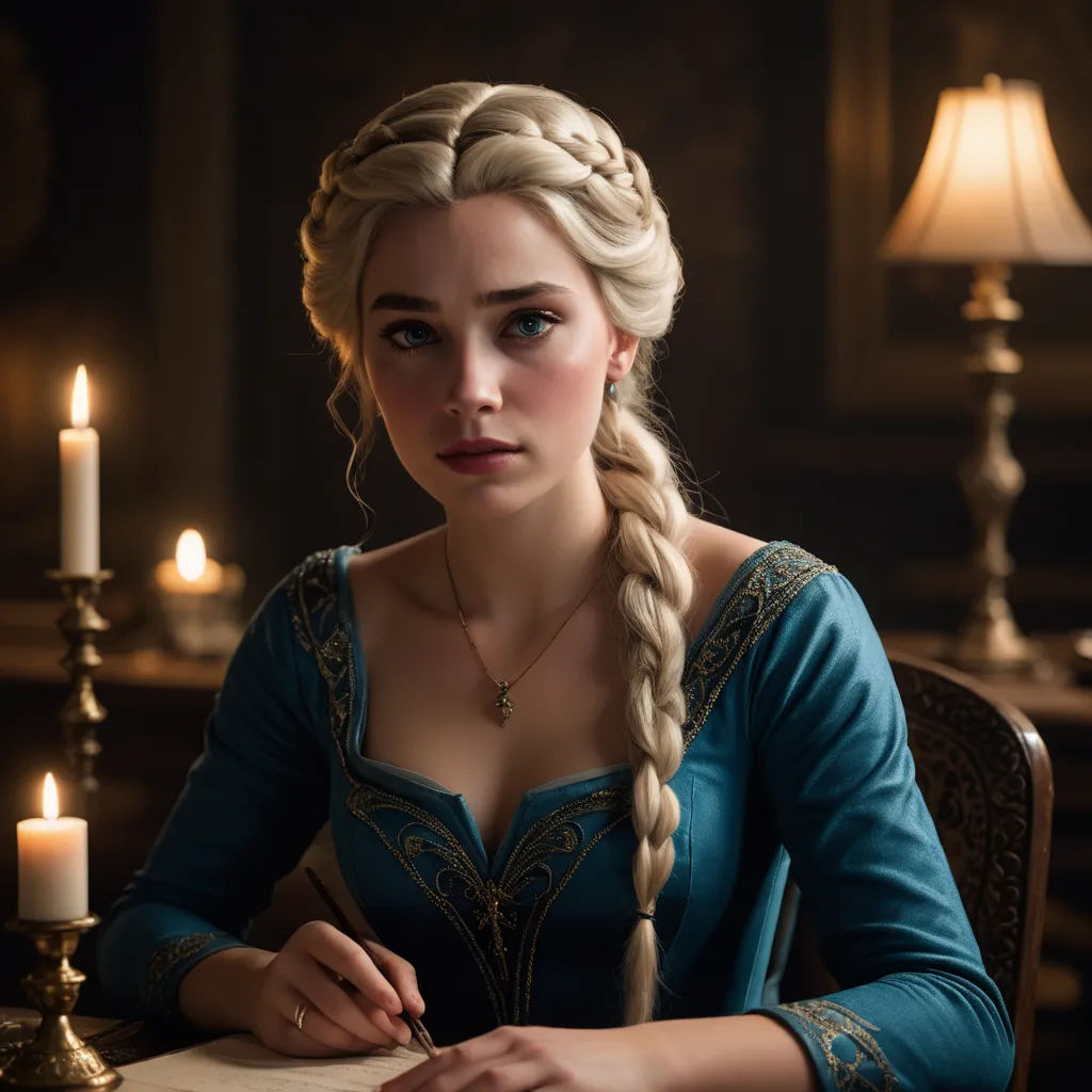 a woman in a blue dress sitting at a table with a candle in front of her and a lit candle in the background, renaissance, a photorealistic painting, Constance Gordon-Cumming, cinematic photography