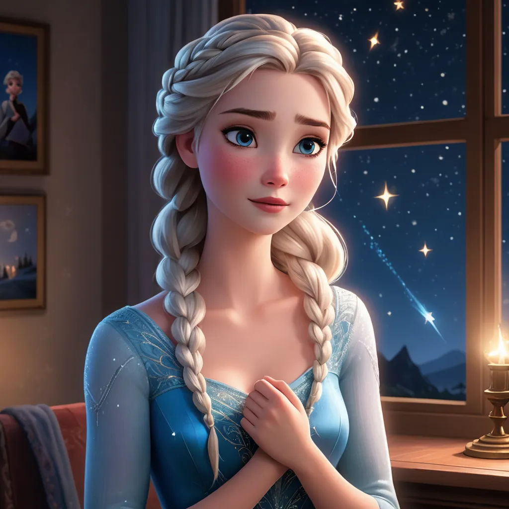 a cartoon of a girl with long hair and a blue dress with a braid standing in front of a window, sots art, a 3D render, disney, official art