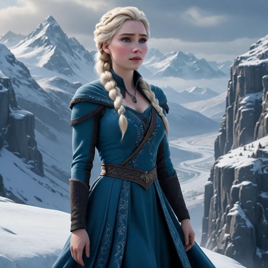 a woman in a blue dress standing in front of a mountain range with a snow covered mountain in the background, sots art, a detailed matte painting, Eva Frankfurther, unreal engine 5 quality render