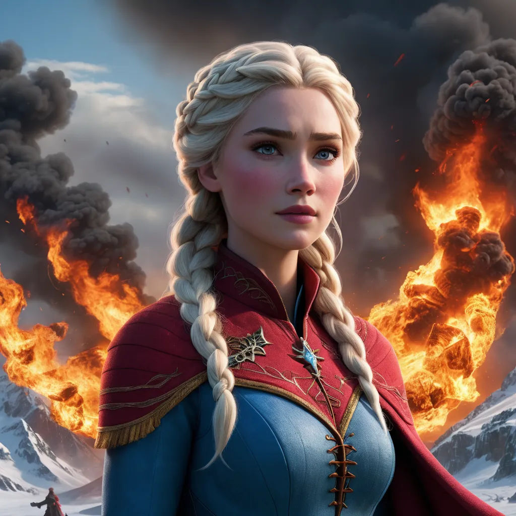 a woman with blonde hair and a red cape standing in front of a mountain with a fire in the background, sots art, computer graphics, disney, unreal engine highly rendered