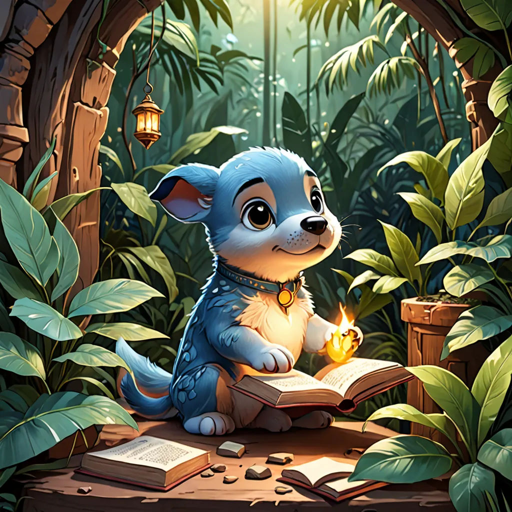 a small dog sitting on a book in a forest with a light in its mouth and a lantern in its mouth, fantasy art, a storybook illustration, Chris LaBrooy, storybook illustration