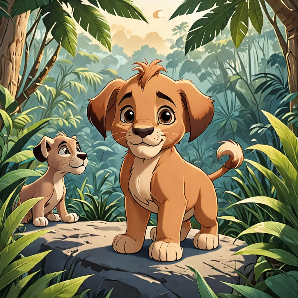 a lion and a cub standing in the jungle together, with a background of trees and foliage, and a full moon, sots art, concept art, disney, official art