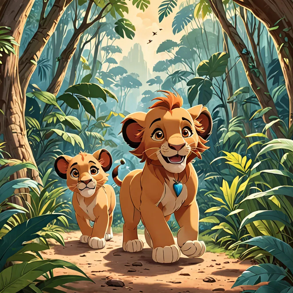 a lion and cub in the jungle with trees and plants around them, and a bird flying overhead,, sots art, a poster, disney, official art