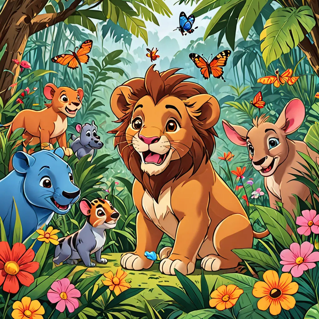 a lion and other animals in a jungle with butterflies and flowers around it, and a butterfly flying above, lyco art, a storybook illustration, disney, jungle