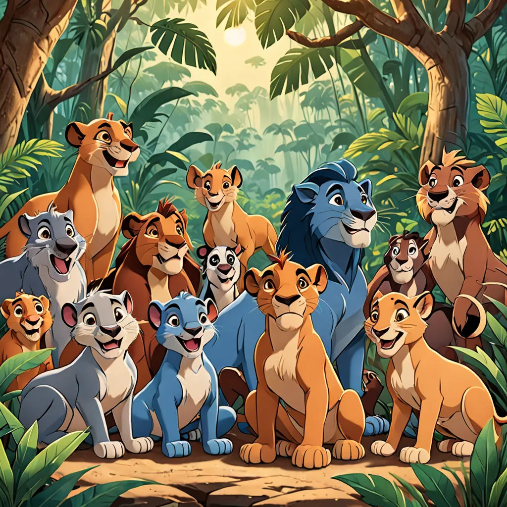 a group of lions and lions cubs in the jungle with a sun setting behind them and a jungle scene, furry art, a poster, disney, promotional image