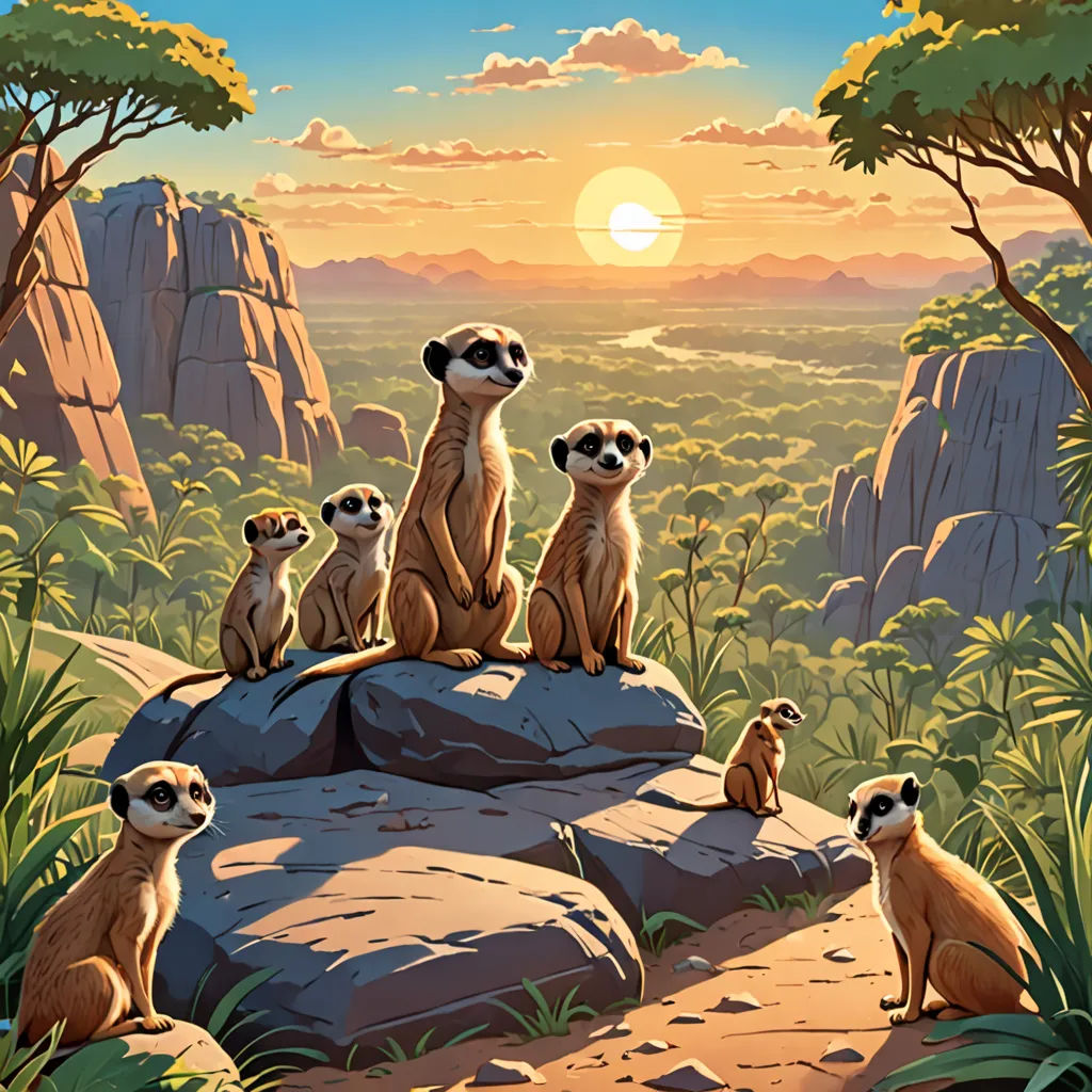a group of meerkats sitting on a rock in the wilderness at sunset with the sun setting, dau-al-set, an airbrush painting, Chris LaBrooy, official art