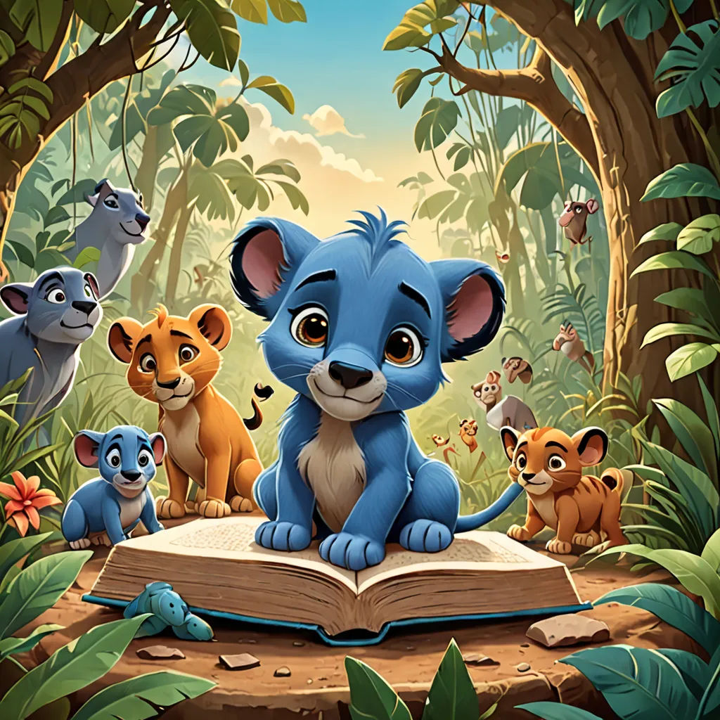 a cartoon of a book with a group of animals around it and a lion in the middle of the book, sots art, a storybook illustration, disney, promotional image