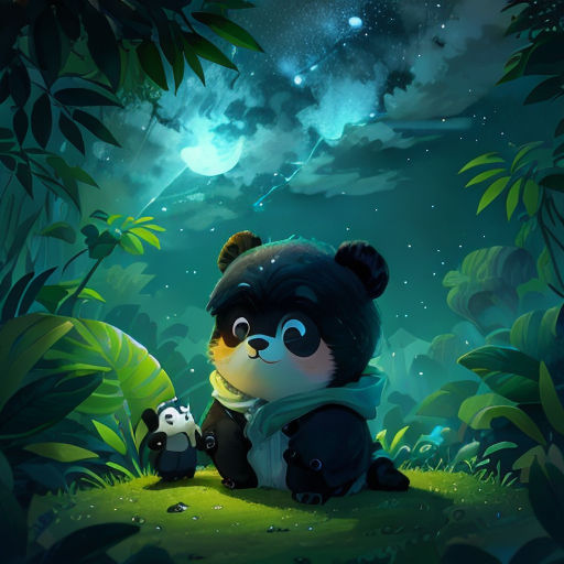a panda bear sitting in the middle of a forest with a panda bear under a full moon sky with stars