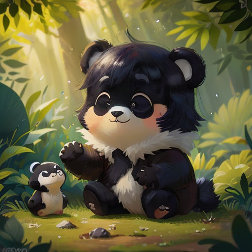 a panda bear and a panda cub sitting in the grass in front of trees and plants, with a forest background