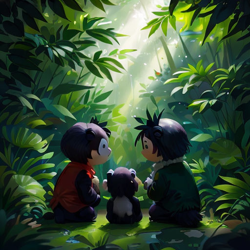 two children sitting in the middle of a forest with a panda bear in front of them and a panda bear in the background