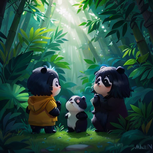 a couple of pandas standing in the middle of a forest with a baby panda on their lap and a baby panda on their lap