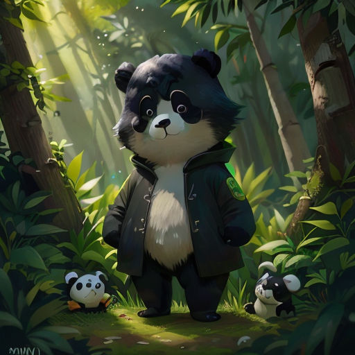 a panda bear in a forest with other pandas in the background, with a light shining on the panda