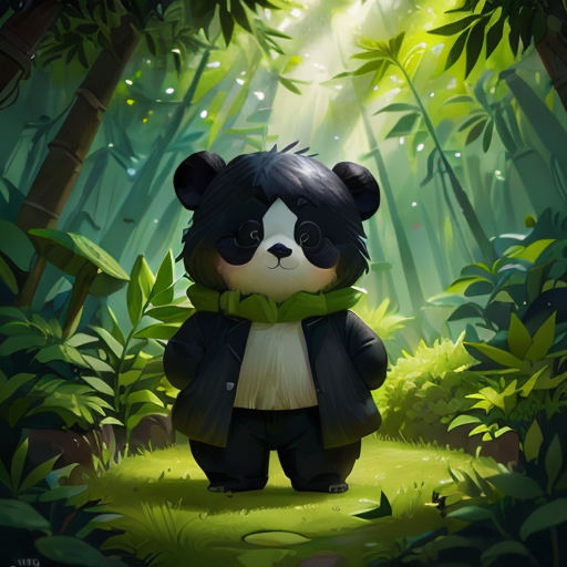 a panda bear standing in the middle of a forest with a green scarf around its neck and a green scarf around its neck