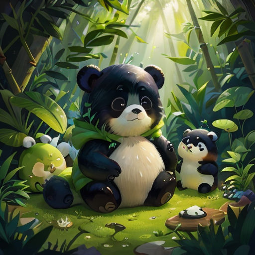a panda bear sitting in the middle of a forest with other pandas around it and a baby panda standing up