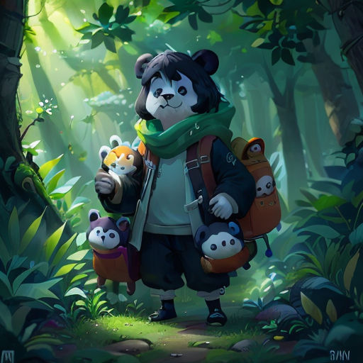 a woman holding two pandas in a forest with trees and plants behind her, with a panda bear on her back