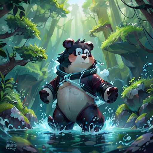 a panda bear in a forest with a chain around its neck and a chain around its neck, standing in water