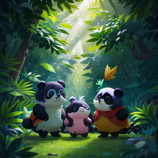 a group of pandas sitting in the middle of a forest with a butterfly flying above them and a forest background