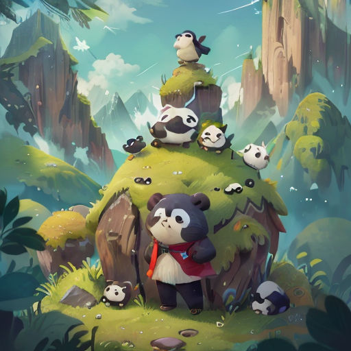 a panda family is standing on a small island with pandas on top of it and a panda bear on the top of the island