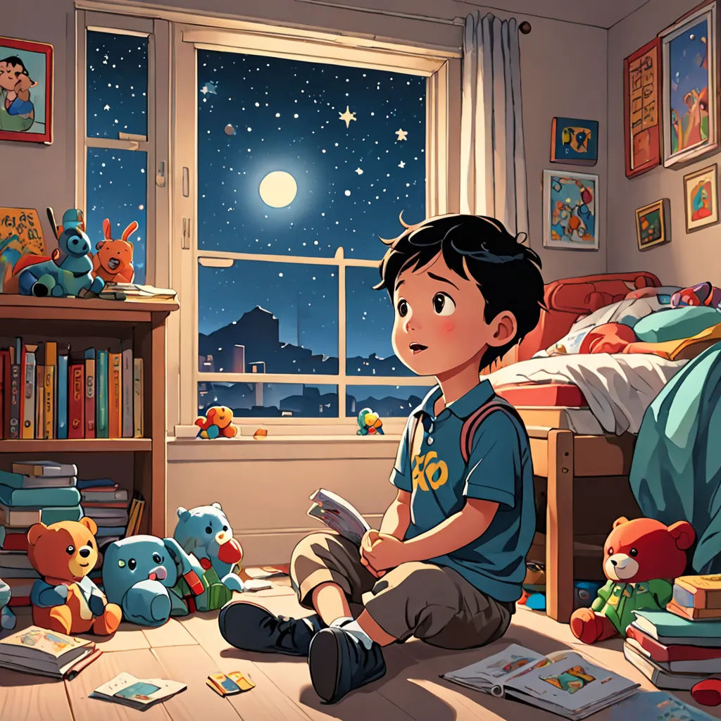 a boy sitting on the floor in a bedroom reading a book at night with a full moon in the sky, space art, a storybook illustration, Aaron Jasinski, storybook illustration