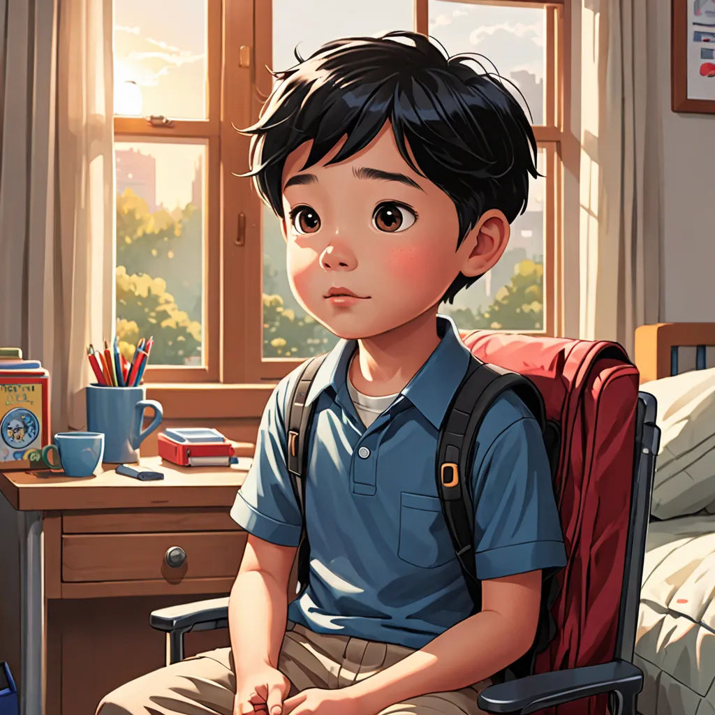 a boy sitting in a chair in a room with a desk and a window in the background and a book case on the floor, american scene painting, a storybook illustration, Aaron Jasinski, rossdraws global illumination