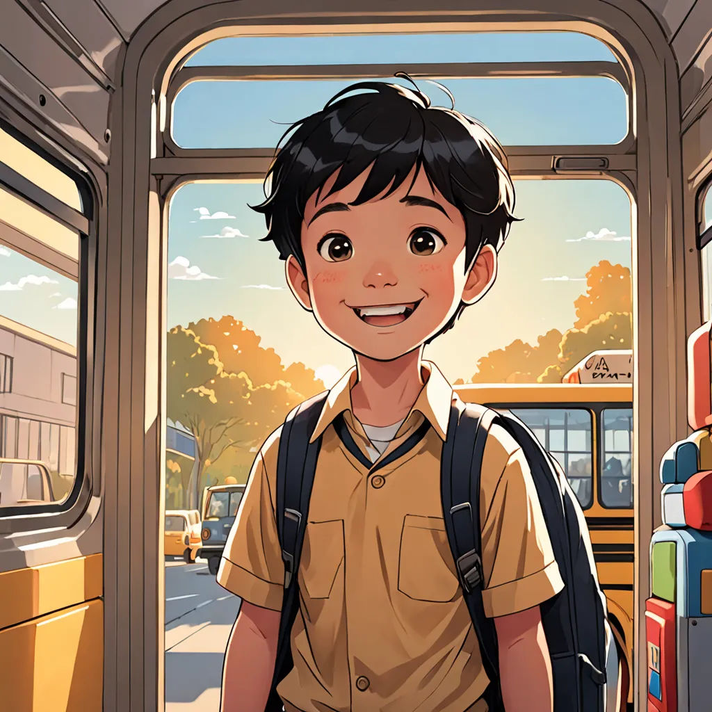 a boy with a backpack standing in front of a bus door with a backpack on his back and a bus in the background, paris school, a comic book panel, Cliff Childs, rossdraws global illumination
