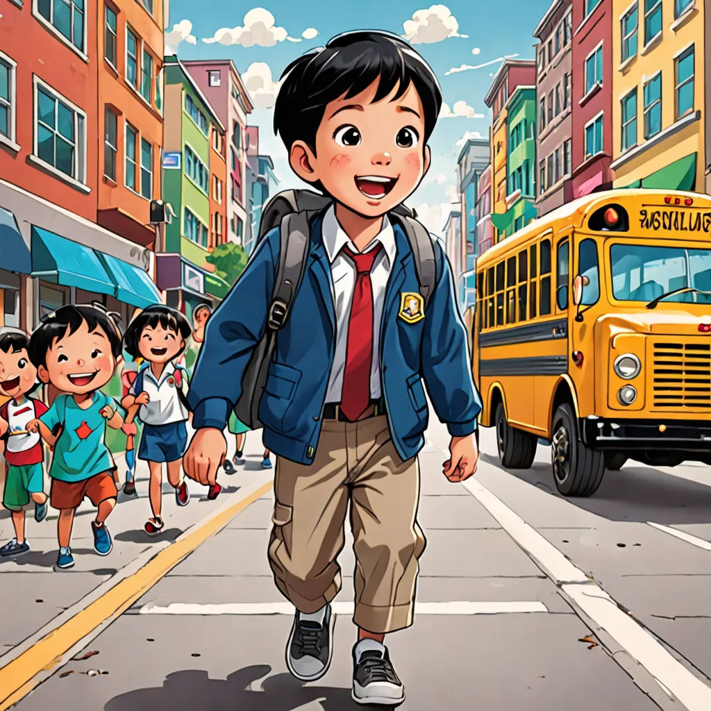 a boy in a school uniform walking down the street with a school bus in the background and children walking on the sidewalk, paris school, a comic book panel, Akira Toriyama, yukito kishiro