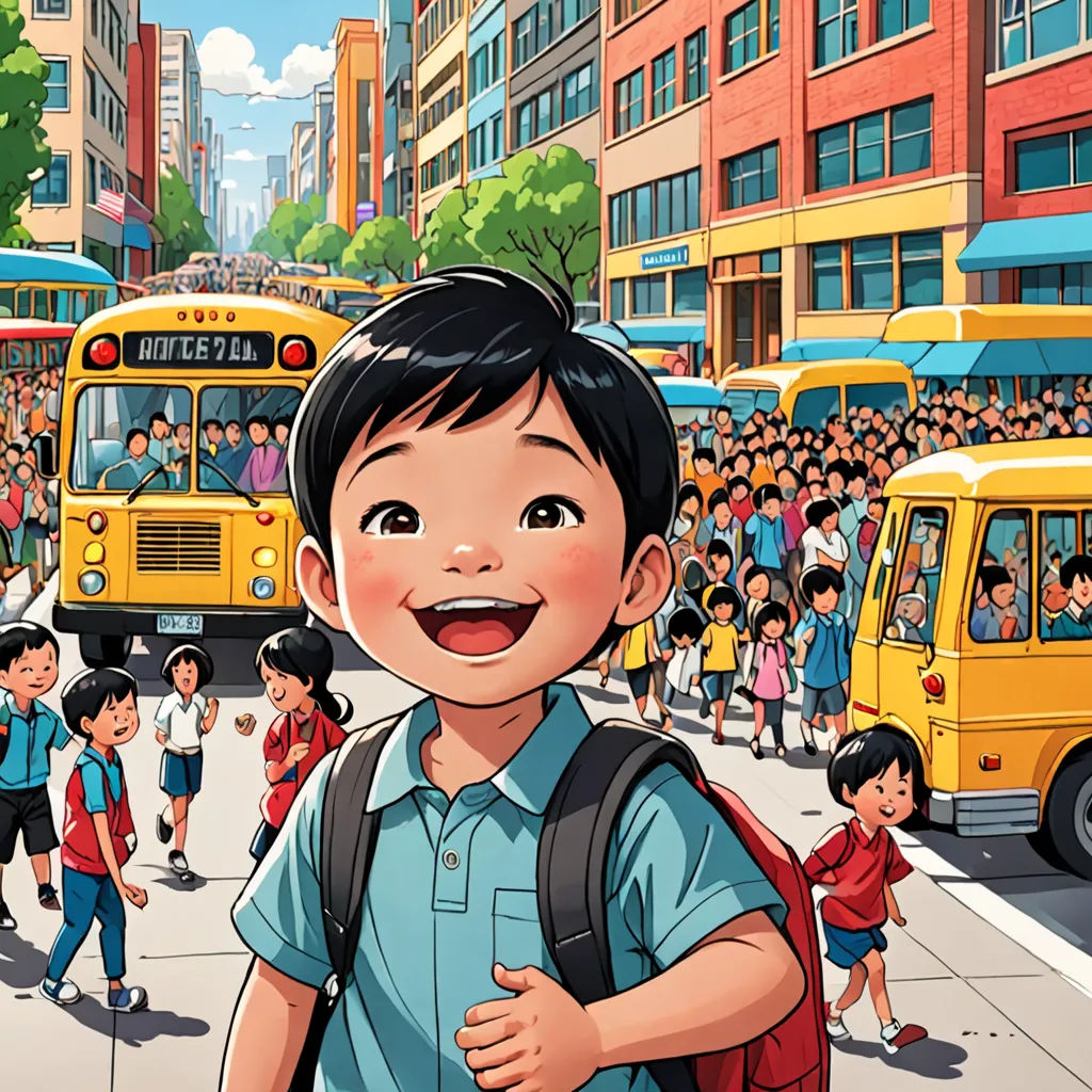 a cartoon of a boy with a backpack and a school bus in the background with a crowd of people, vancouver school, a storybook illustration, Arthur Pan, graphic novel