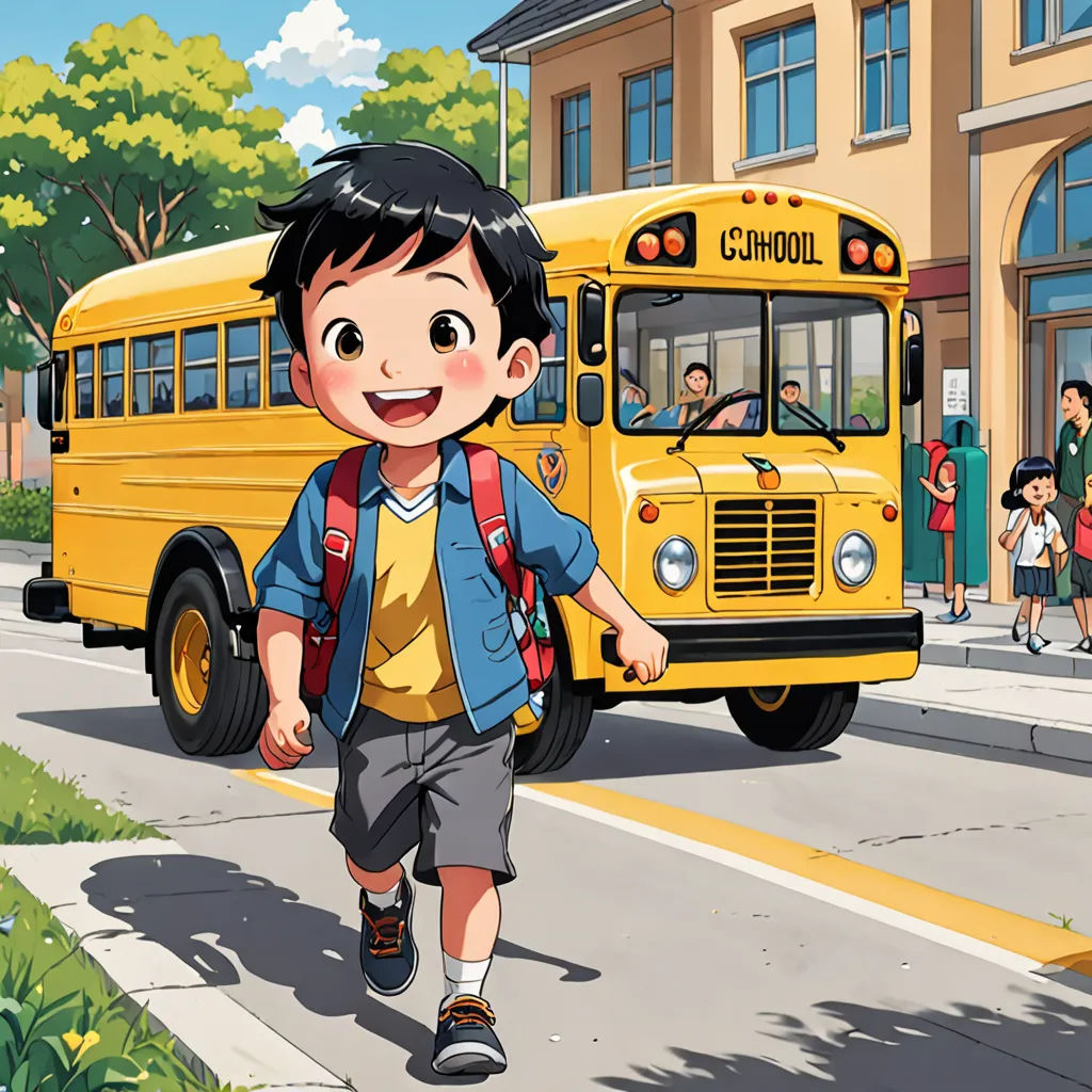a boy walking down the street with a school bus in the background and a group of people walking by, paris school, a storybook illustration, Choi Buk, official art