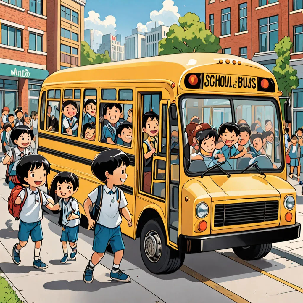 a group of children are boarding a school bus with a large group of people behind them on the street, vancouver school, a storybook illustration, Choi Buk, detailed illustration