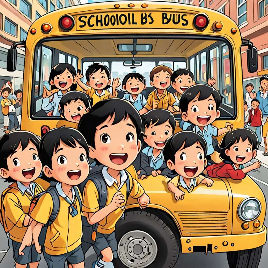 a group of children standing in front of a school bus with a man standing next to it and a woman standing behind the bus, vancouver school, a storybook illustration, Basuki Abdullah, official art